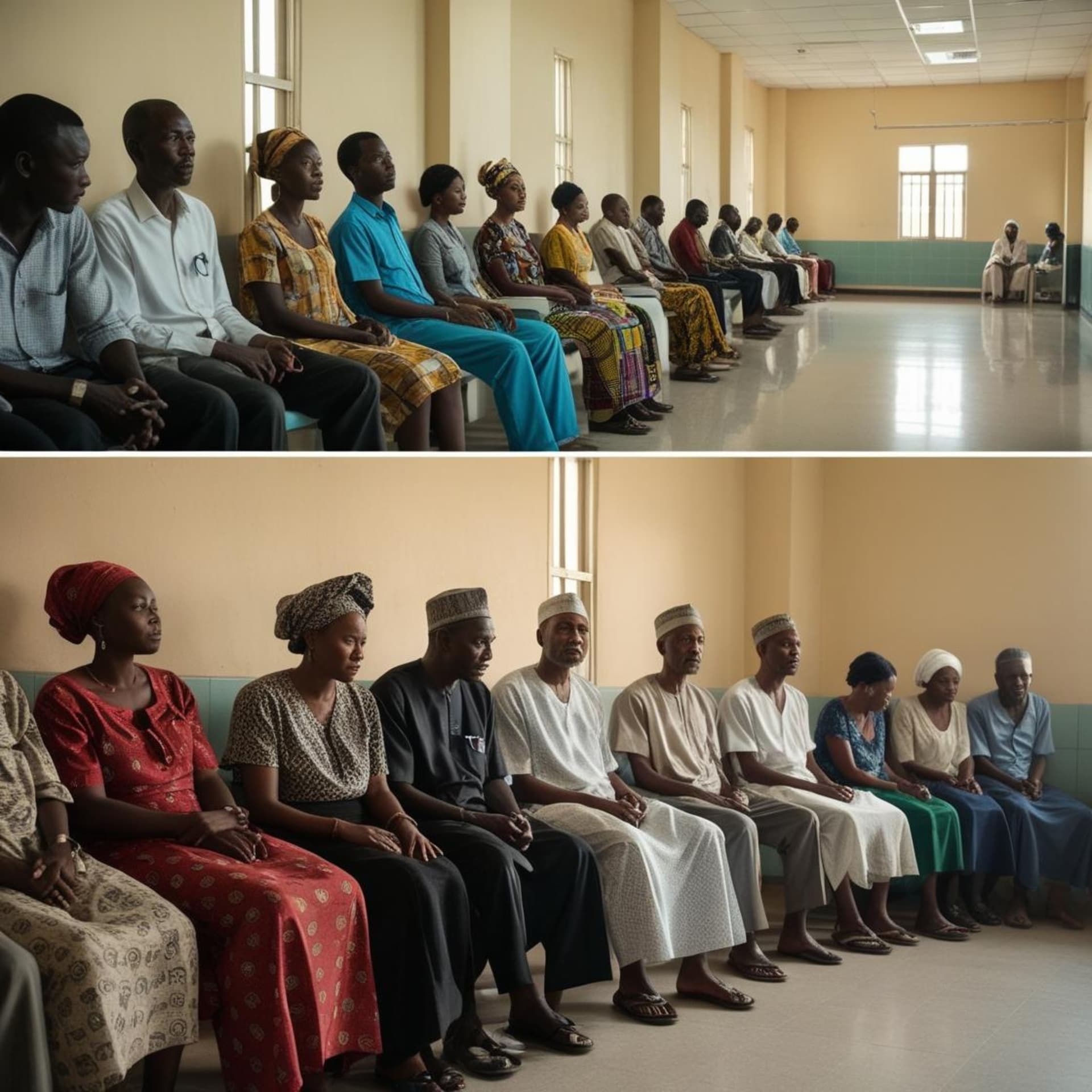 People waiting in awfully long queques at a hospital